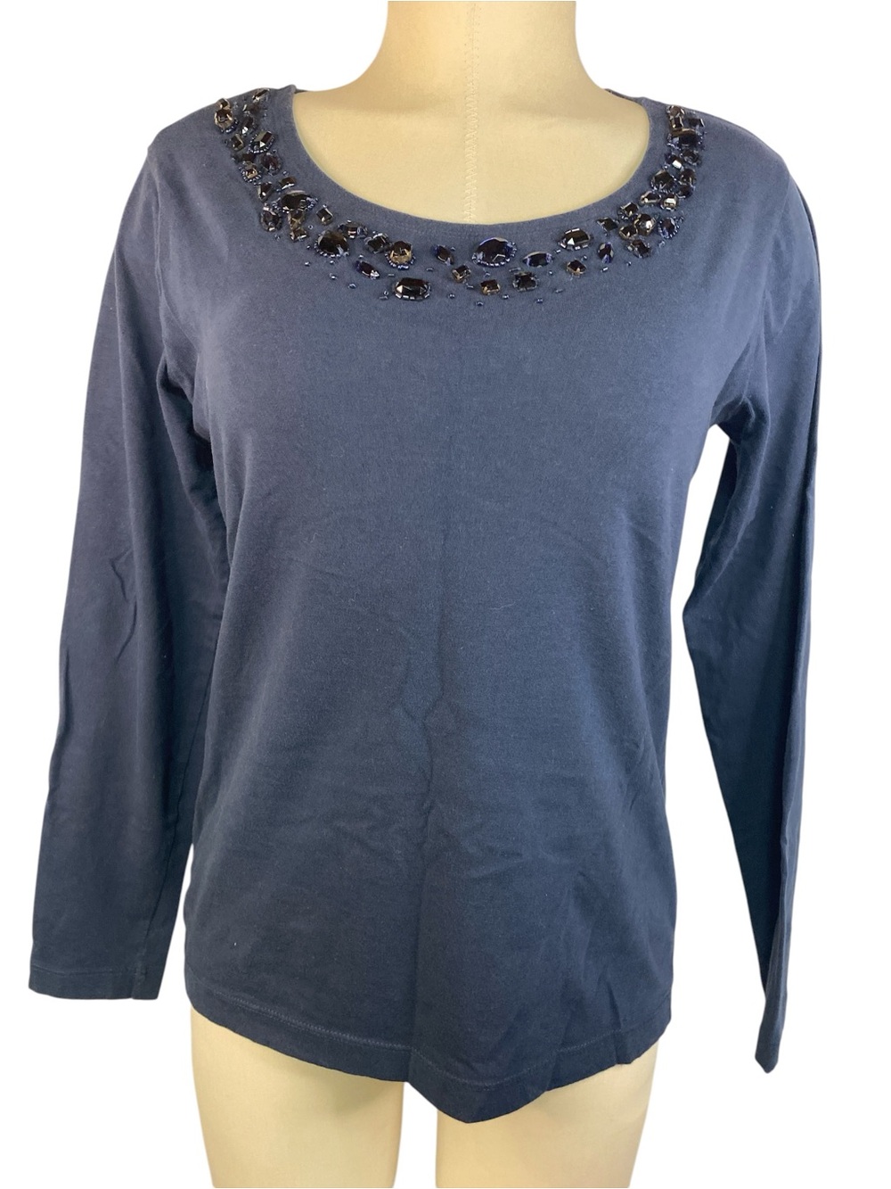 Chico's Navy Jewel-Embellished Scoop Neck Long-Sleeve Top Women’s Size 1
